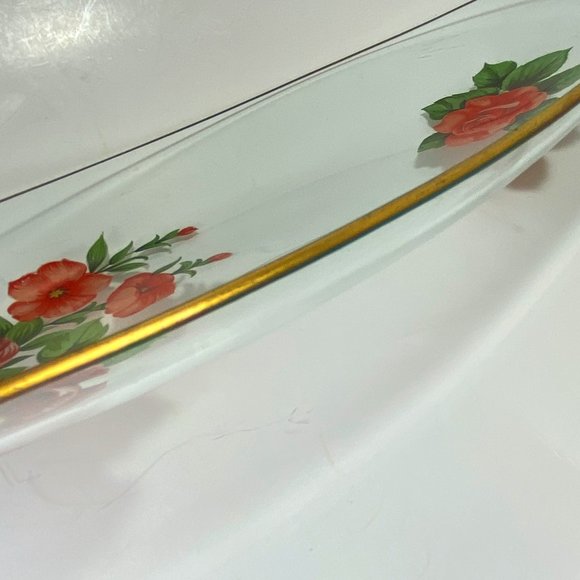 Vintage Long Oval Clear Glass Dish Serving Plate with Flower Decals Gold Trim - Picture 4 of 4